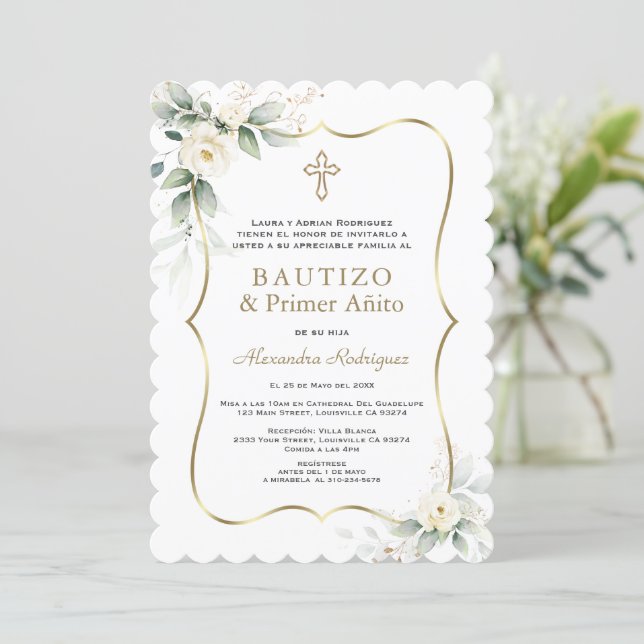 Invitation Blanc Floral Or espagnol 1er anniversaire Baptême (Debout devant)