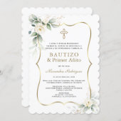 Invitation Blanc Floral Or espagnol 1er anniversaire Baptême (Devant / Derrière)