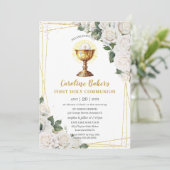 Invitation Blanc Floral Première Sainte Communion Chalice Or (Debout devant)