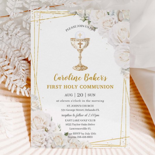 Invitation Blanc Floral Première Sainte Communion Chalice Or