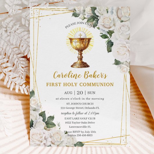 Invitation Blanc Floral Première Sainte Communion Chalice Or