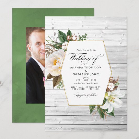 Invitation Blanc Floral Rustic Grange Mariage campagnard Phot (Devant / Derrière)