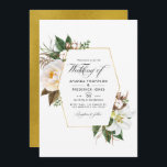 Invitation Blanc Floral Rustic Grange Mariage campagnard phot<br><div class="desc">Faire-part de mariage floral avec des pivoines blanches, des herbes sauvages, du coton et des lys avec cadre géométrique doré personnalisable selon vos spécifications. Idéal pour un thème ou un mariage de jardin. La photo au verso est facultative. Si vous préférez le supprimer, faites défiler vers le bas de "Personnaliser...</div>