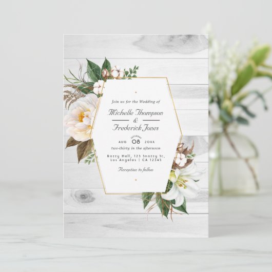 Invitation Blanc Floral Rustic Grange Pays Code QR Mariage (Debout devant)