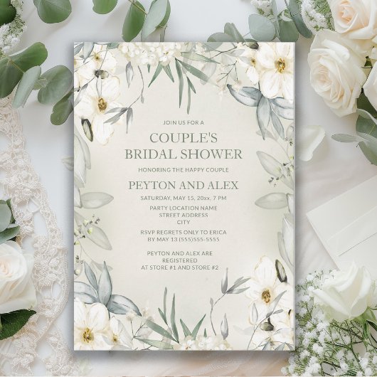 Invitation Blanc Floral Sage Green Couple Fête des mariées