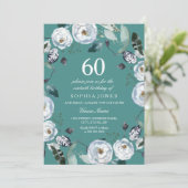 Invitation Blanc Floral Turquoise Vert 60e anniversaire Invit (Debout devant)