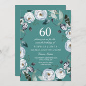 Invitation Blanc Floral Turquoise Vert 60e anniversaire Invit (Devant / Derrière)