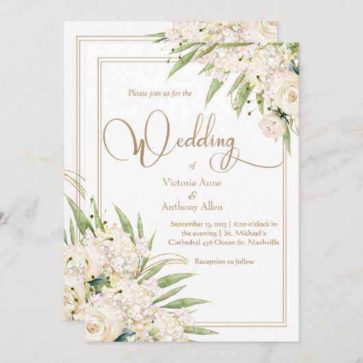 Invitation Blanc Floral verdure Botanique Elégant Mariage (Devant / Derrière)