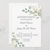 Invitation Blanc floral vert Mariage invité en espagnol (Devant / Derrière)