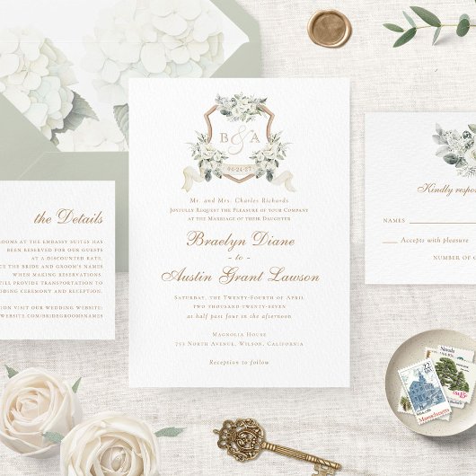 Invitation Blanc Floral Vert Sage Monogram Crest Mariage