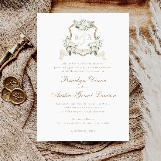 Invitation Blanc Floral Vert Sage Monogram Crest Mariage