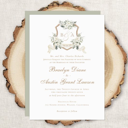 Invitation Blanc Floral Vert Sage Monogram Crest Mariage