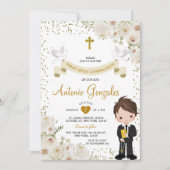 Invitation Blanc Flower Boy First Holy Communion Gold Parties (Devant)