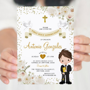Invitation Blanc Flower Boy First Holy Communion Gold Parties