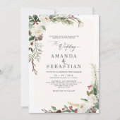 Invitation Blanc hiver Floral Berries Pine Cone Mariage (Devant)