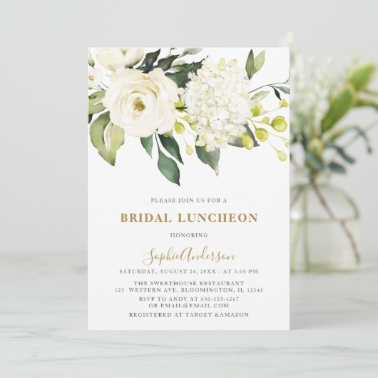 Invitation BLANC Hydrangea Roses BRIDAL LUNCHEON (Debout devant)