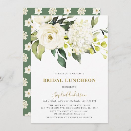 Invitation BLANC Hydrangea Roses BRIDAL LUNCHEON (Devant / Derrière)