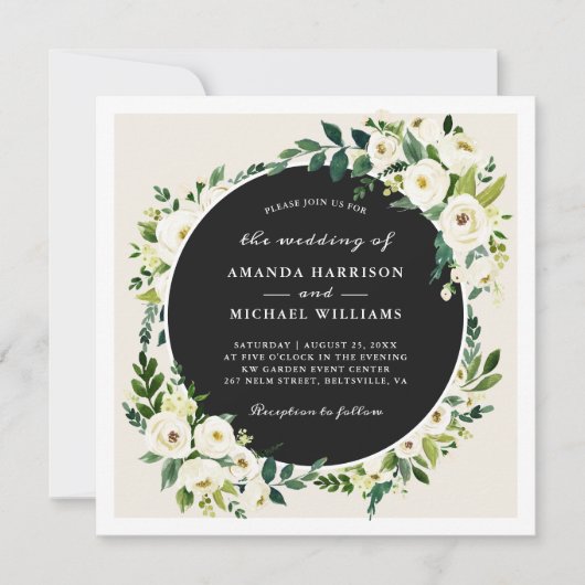 Invitation Blanc ivoire vert Mariage Carré Floral (Devant)