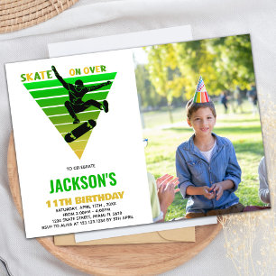 Invitation Blanc Jaune Vert Photo Skateboards Anniversaire