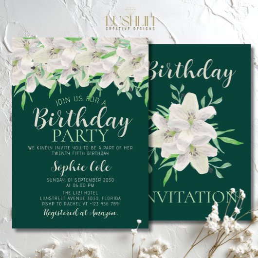 Invitation Blanc Lily Anniversaire Élégant Emeraude Vert Flor
