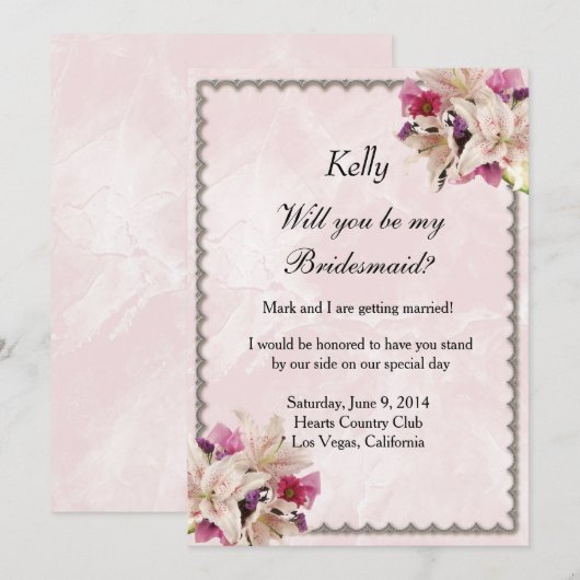 Invitation Blanc Lily Floral Marbre rose Mariage Bridesmaid (Devant / Derrière)
