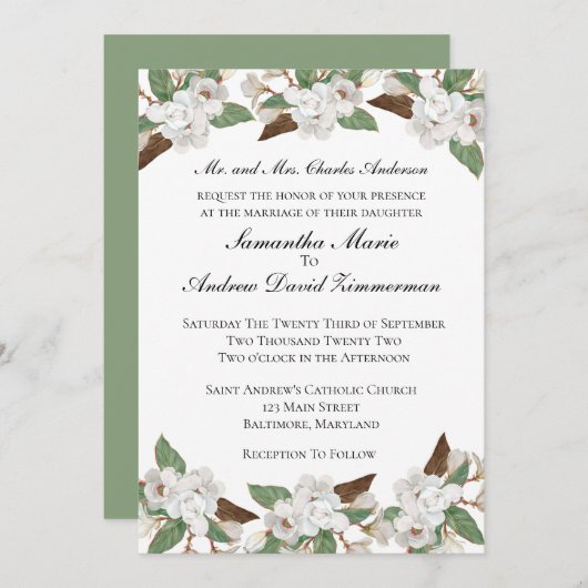 Invitation Blanc Magnolias Classic Formal Mariage élégant Inv (Devant / Derrière)
