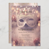 Invitation Blanc Masque Diamants Rose Gold Sweet 16 (Devant / Derrière)