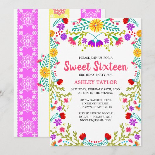 Invitation Blanc mexicain Fiesta Folk Art Floral Sweet sixtee (Devant / Derrière)