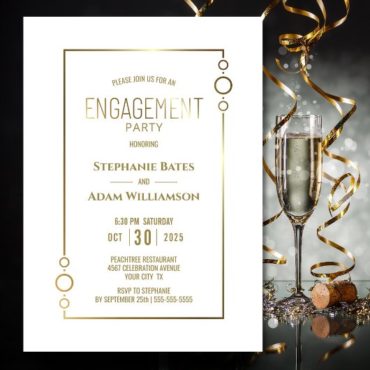 Invitation Blanc moderne avec Gold Frame d'engagement