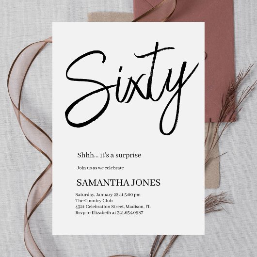 Invitation Blanc moderne et noir Soixante 60e fête d'annivers
