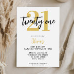 Invitation Blanc moderne et or élégant 21e anniversaire<br><div class="desc">Une simple invitation moderne 21ème anniversaire avec une élégante typographie de script de calligraphie et un design minimaliste en blanc et or.</div>