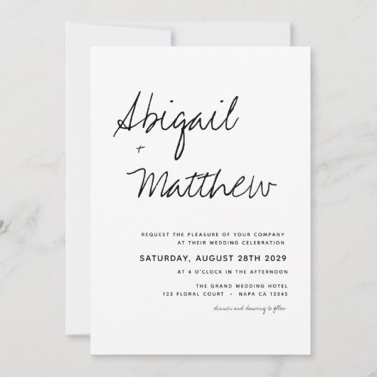 Invitation Blanc moderne Noir simple écriture manuscrite Mari (Devant)