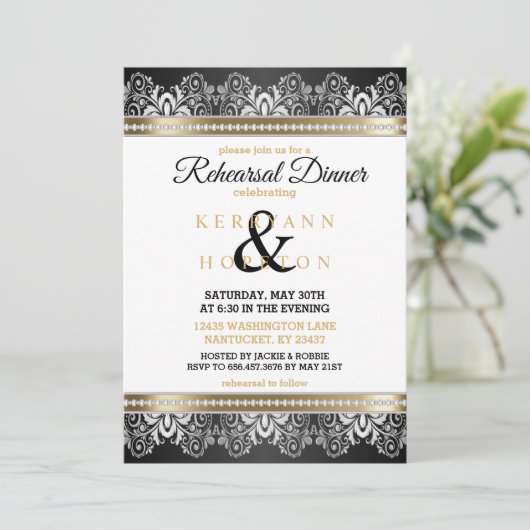Invitation Blanc, Noir, Argent & Or - Dîner de répétition (Debout devant)