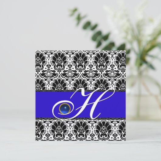 Invitation BLANC NOIR BLEU DAMASK MONOGRAM Sapphire Argent (Debout devant)