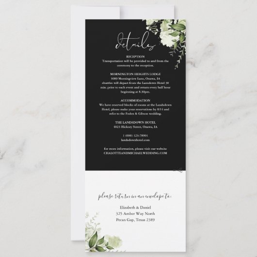 Invitation Blanc Noir Botanique Verdure Tout en un Mariage (Dos)