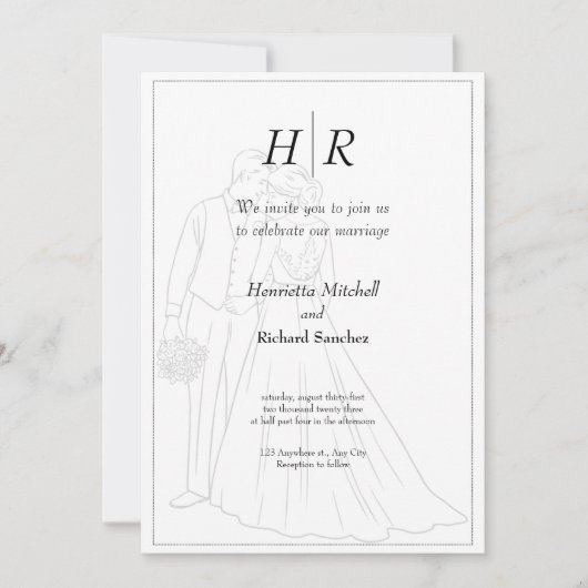 Invitation Blanc Noir classique Monogramme Élégant Mariage pr (Devant)