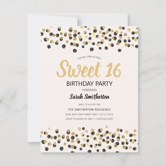 Invitation Blanc Noir Confetti Parties scintillant Sweet 16 (Devant)