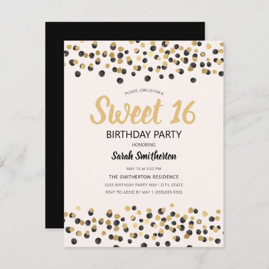 Invitation Blanc Noir Confetti Parties scintillant Sweet 16 (Devant / Derrière)