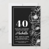 Invitation Blanc noir élégant Floral 40e anniversaire (Devant)