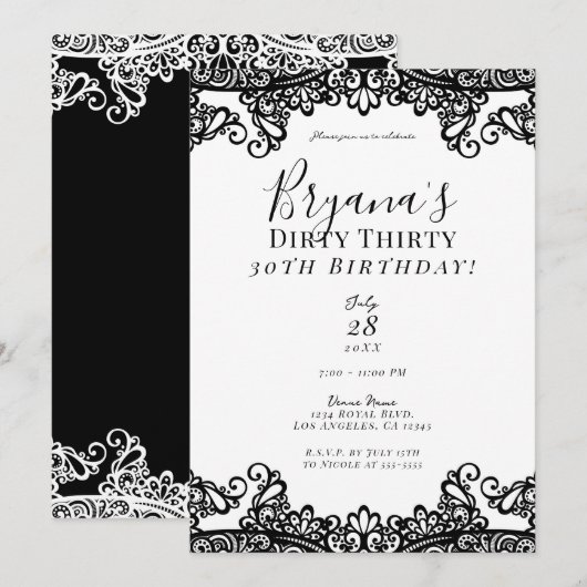 Invitation Blanc & Noir Lace Chic Dirty 30 30e anniversaire (Devant / Derrière)