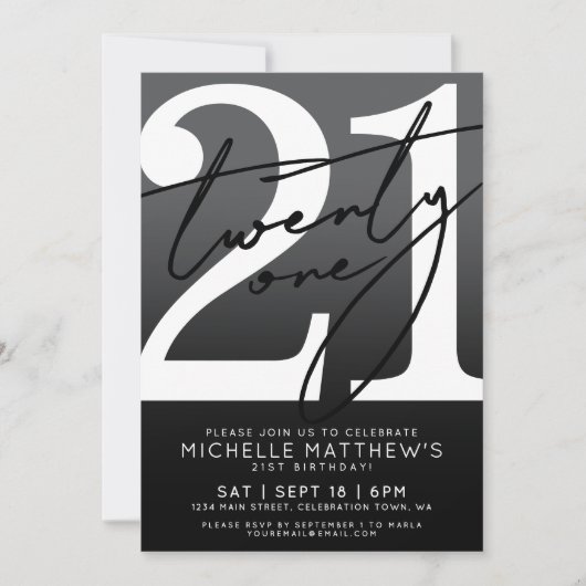 Invitation Blanc noir moderne 21e anniversaire (Devant)