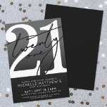 Invitation Blanc noir moderne 21e anniversaire<br><div class="desc">Invitation de fête du 21e anniversaire Gris et Noir. Célébrez votre vingt et un ans de style grâce à ce design audacieux et chic. La moitié supérieure est composée d'un grand blanc "21" avec un script noir sassy écrit à la main "Cheers" superposé, se détachant contre un dégradé noir élégant...</div>