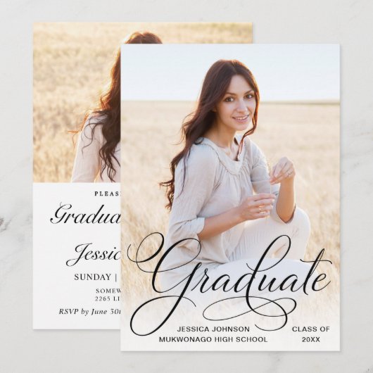 Invitation Blanc Noir moderne 2 PHOTO Graduation Party (Devant / Derrière)