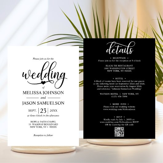 Invitation Blanc noir moderne TOUT EN UN Mariage + code QR