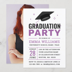 Invitation Blanc noir moderne violet Photo Graduation Party