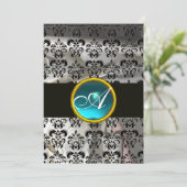 INVITATION BLANC NOIR SOIE DAMASSÉ TEAL BLEU GEMME MONOGRAMME (Debout devant)