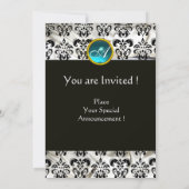 INVITATION BLANC NOIR SOIE DAMASSÉ TEAL BLEU GEMME MONOGRAMME (Dos)