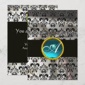 INVITATION BLANC NOIR SOIE DAMASSÉ TEAL BLEU GEMME MONOGRAMME (Devant / Derrière)