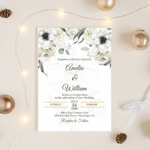 Invitation Blanc Noir Vert Élégante Anémone Mariage