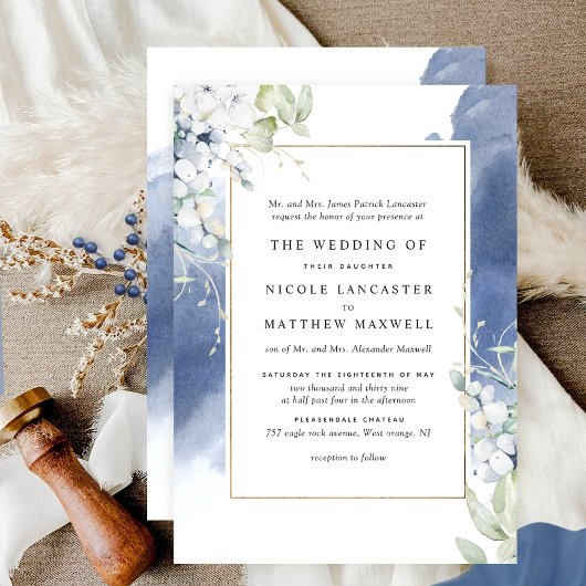 Invitation Blanc officiel, Mariage d'aquarelle bleu marine